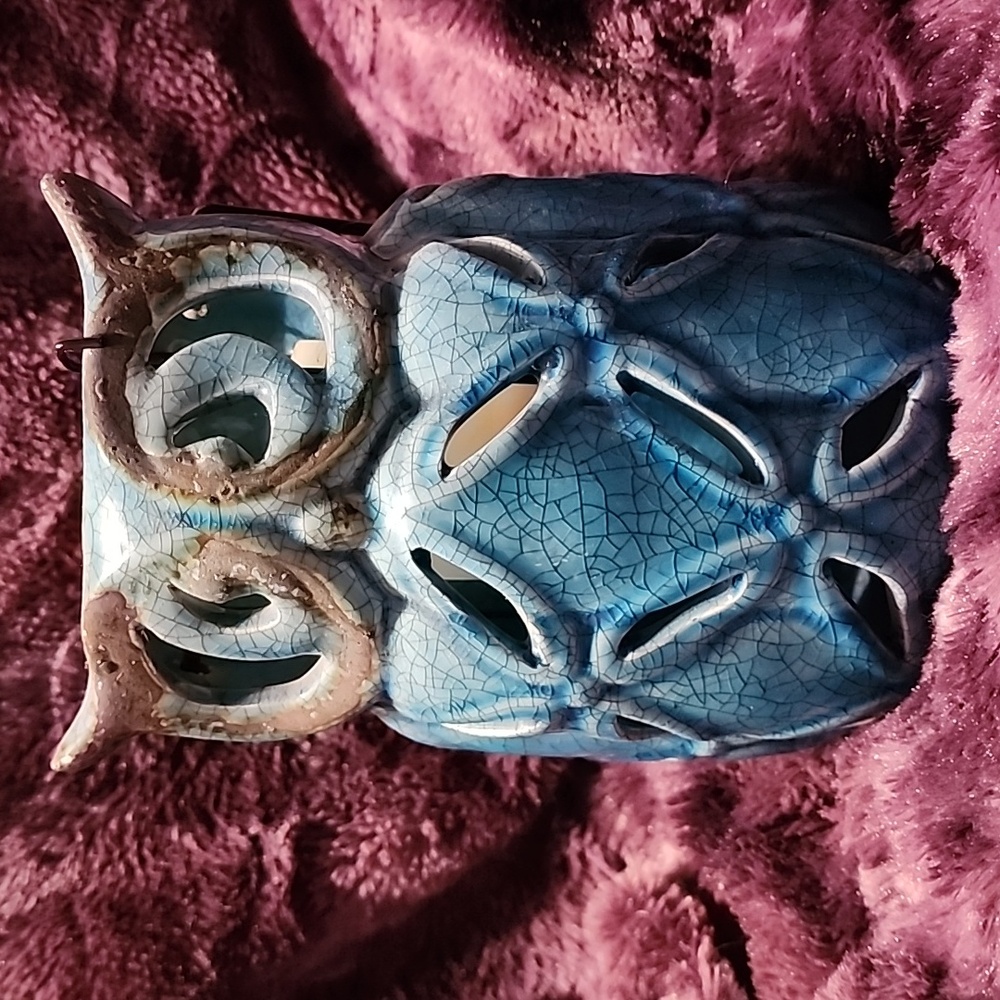 Blue Ceramic Owl, Illuminates By Battery Powered Candle